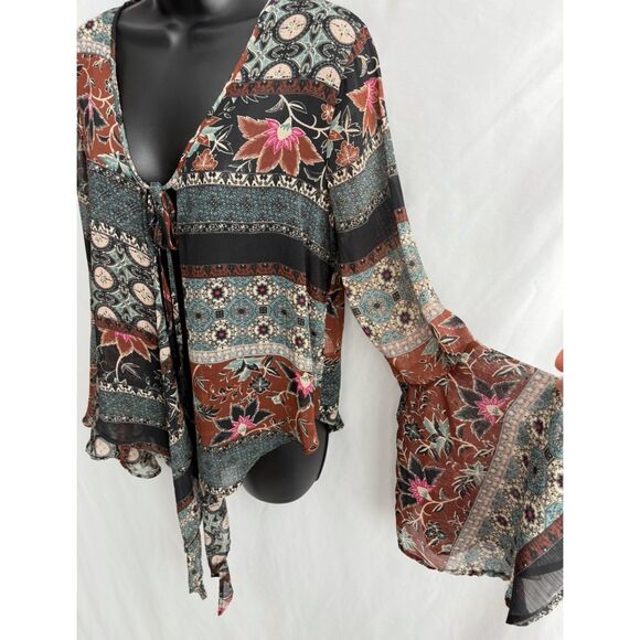 Penelope Boho Bell Sleeve Sheer Top Cover Size M Earthy Bohemian Floral - Picture 4 of 9